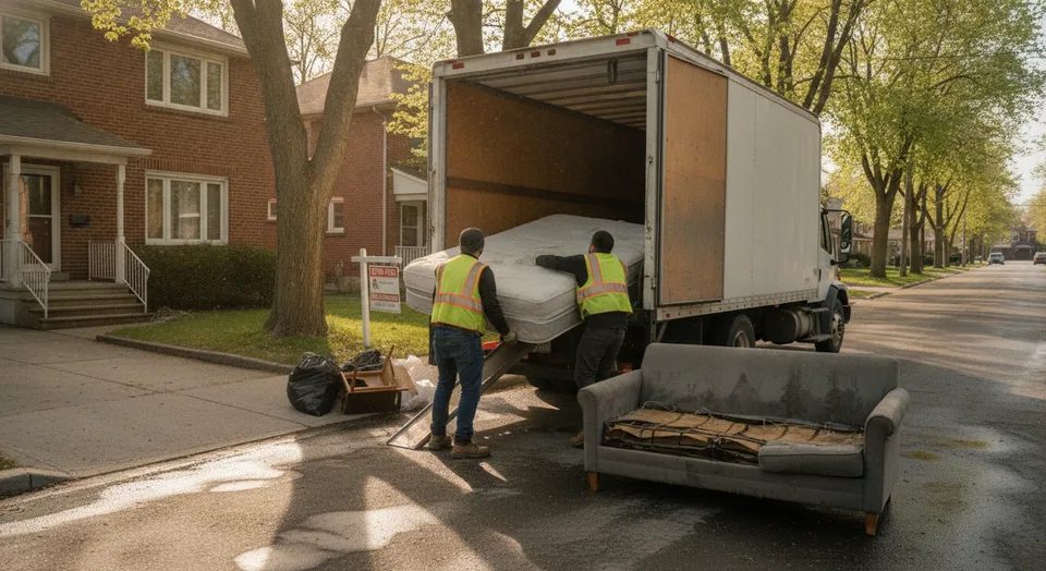 Junk removal crew loading an old couch and mattress into a truck outside a Waterloo, Ontario student rental